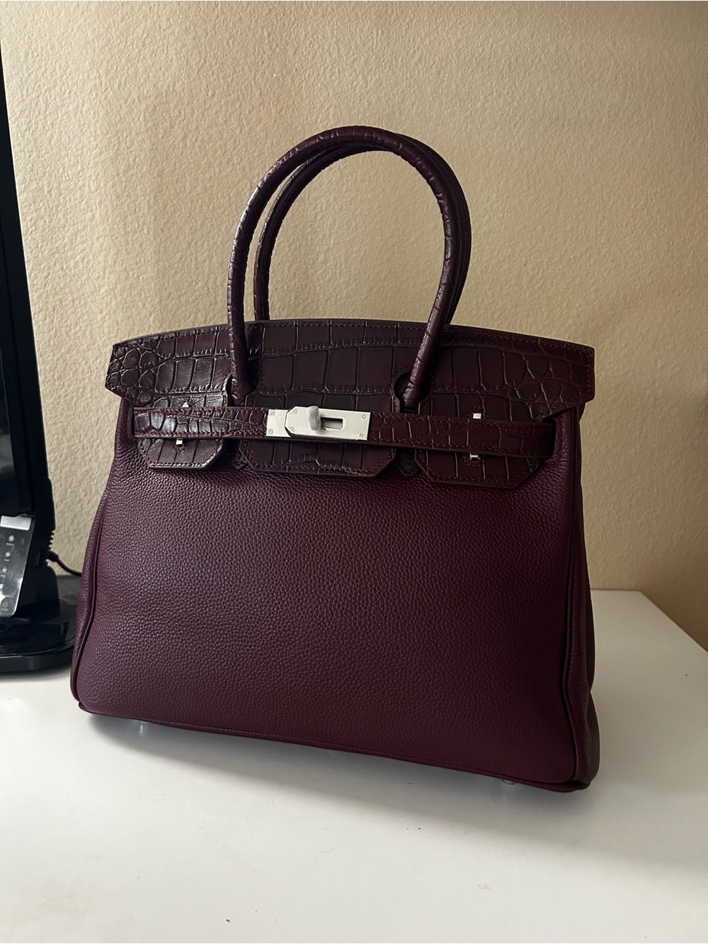 30cm Silver on Burgundy Top-Handle Leather Satchel with Croc Element